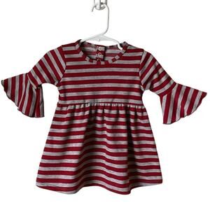 Woodmouse & Thistle Red & Gray Striped Bell Sleeved Cotton Blend Dress Sz 12-24m